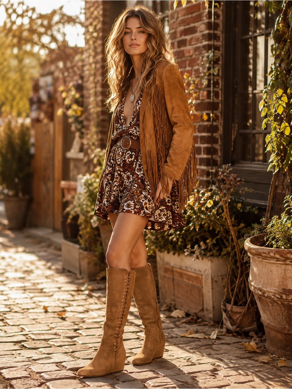 Isola Tavares Brown Suede Knee High Wedge Boots Whipstitch Boho Size 6.5